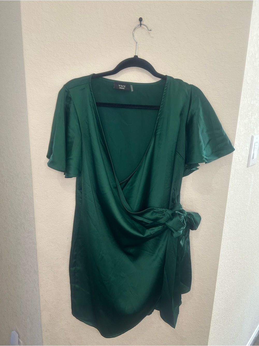 Vici Satin Wrap Dress in Emerald Green